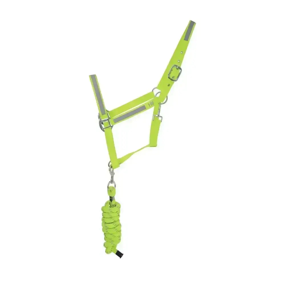 Bright lime green equestrian reflector head collar and lead rope set with reflective strips for safety and visibility