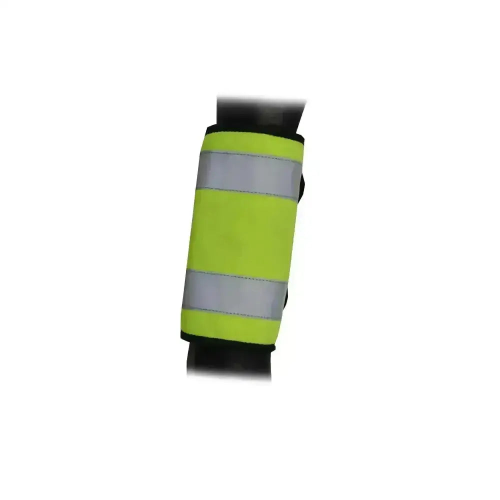 Bright yellow hy equestrian reflector horse leg wraps with two silver reflective stripes for safety and visibility