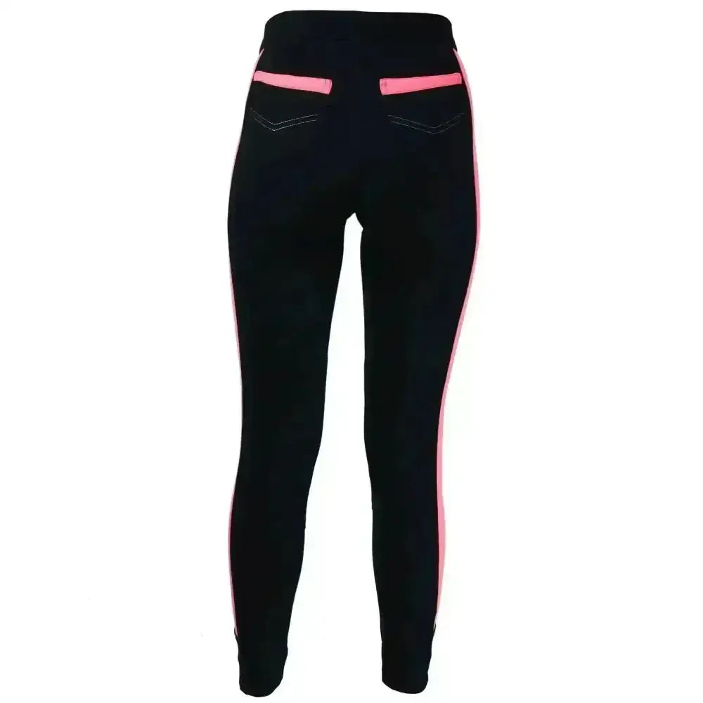 Back view of hy equestrian reflector ladies black leggings with pink side stripes and matching pink pocket trim