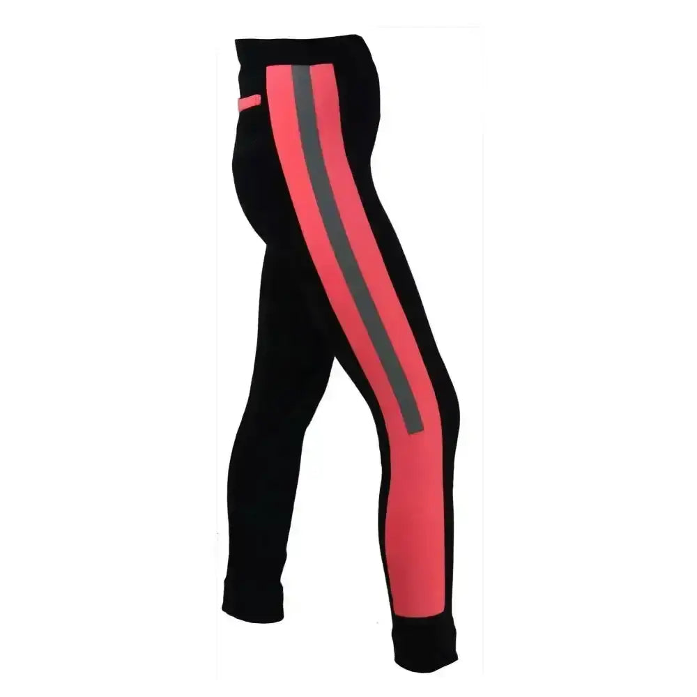 Black hy equestrian reflector ladies jodhpurs with bold pink and gray vertical stripes on the outer leg