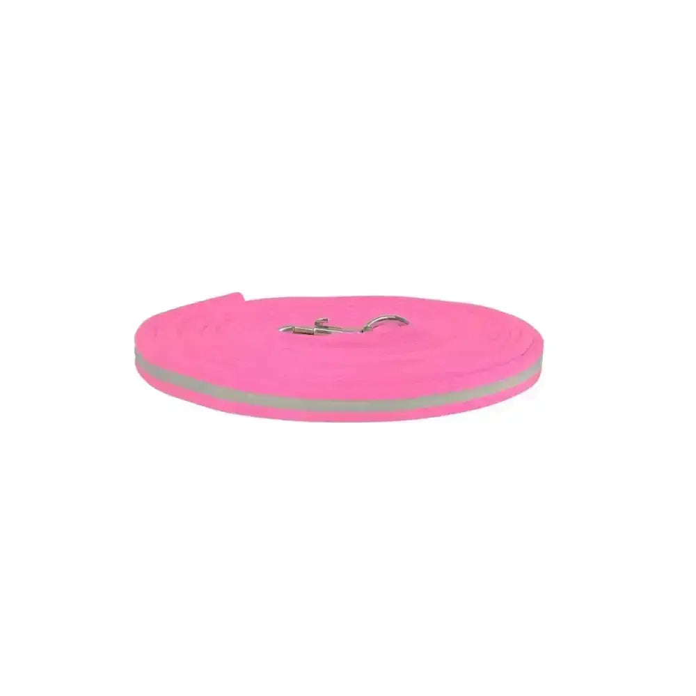 Bright pink hy equestrian reflector lunge rein with silver reflective strip and metal clasp for safe lunge rein use