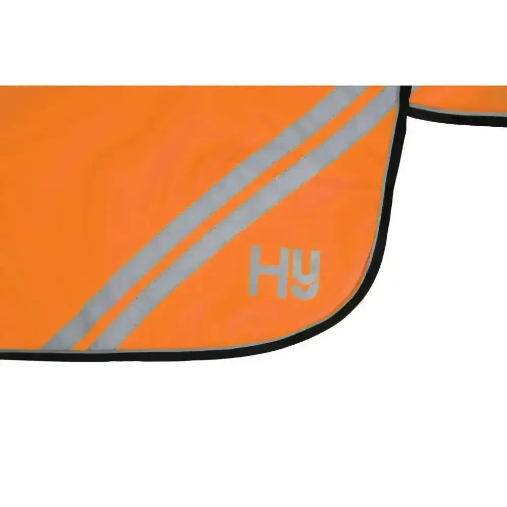 Bright orange lightweight equestrian reflector mesh exercise sheet with silver stripes and subtle hy logo