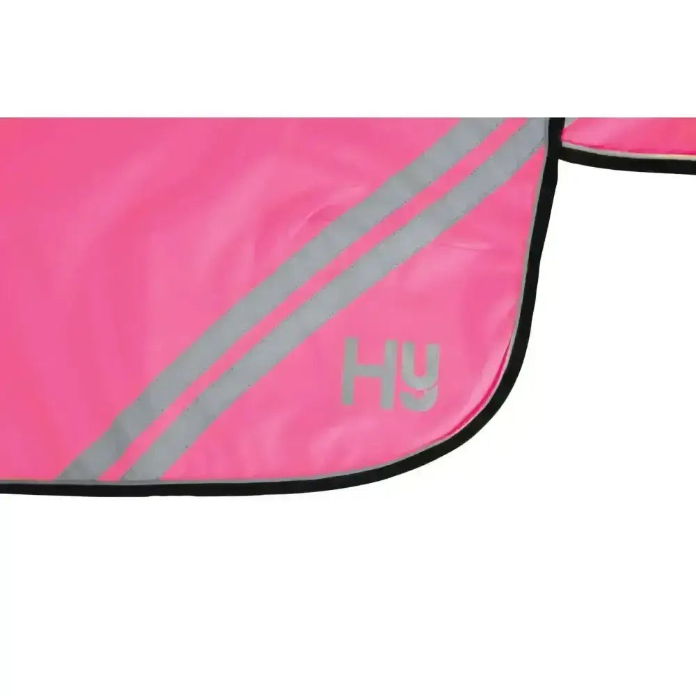 Bright pink hy equestrian reflector mesh exercise sheet with silver stripes lightweight exercise sheet with black trim