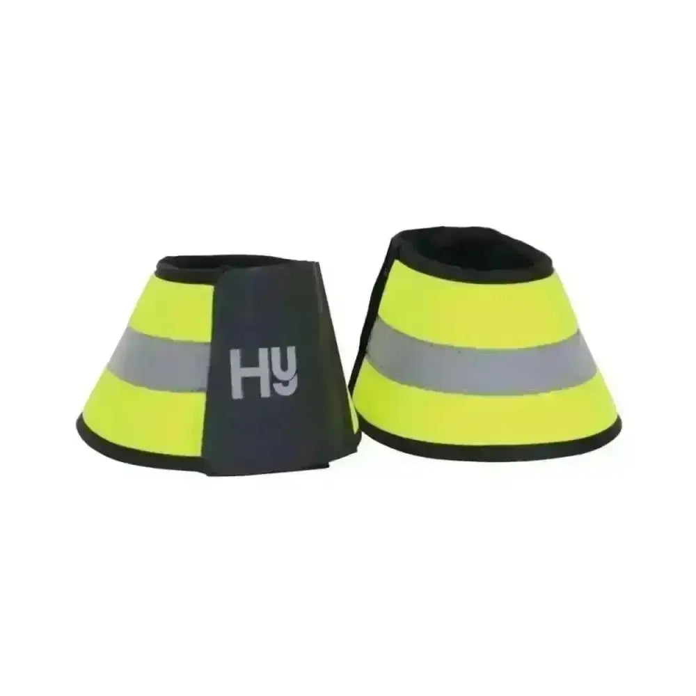 Bright yellow hy equestrian reflector over reach boots with gray stripes black trim made of fluorescent neoprene