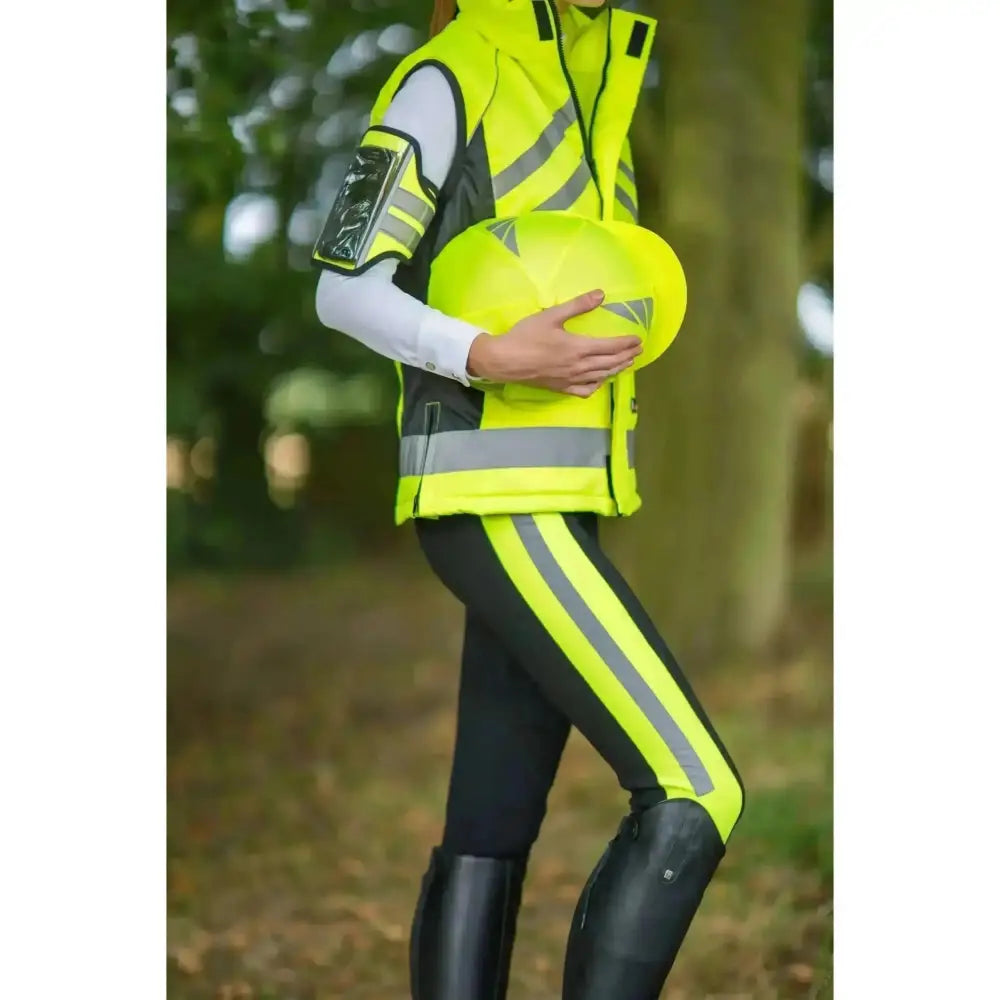 Bright yellow hy equestrian reflector phone and key holder vest with reflective stripes for phone safe storage