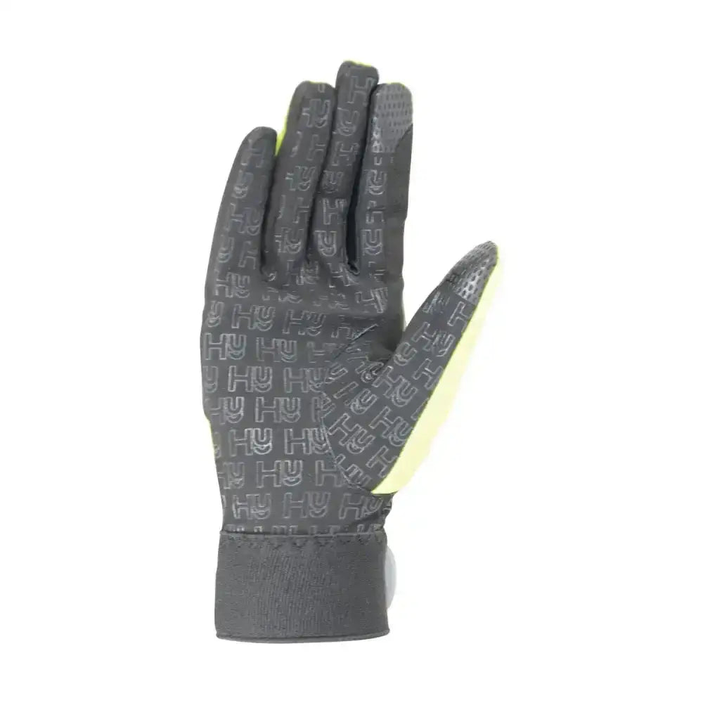 Black hy equestrian reflector riding gloves with neon yellow palm accents and reflective detailing improves visibility