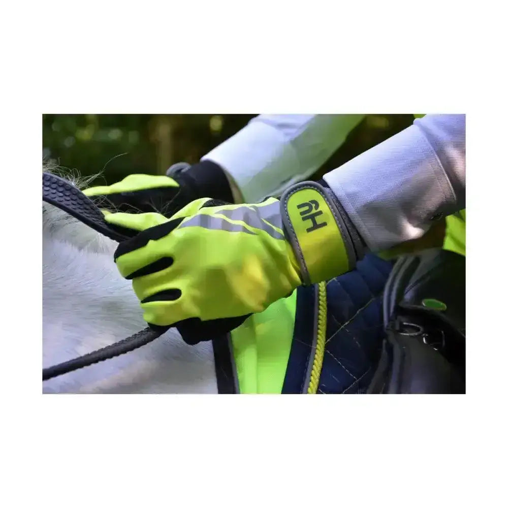 Bright neon yellow hy equestrian reflector riding gloves with black accents and reflective detailing improves visibility