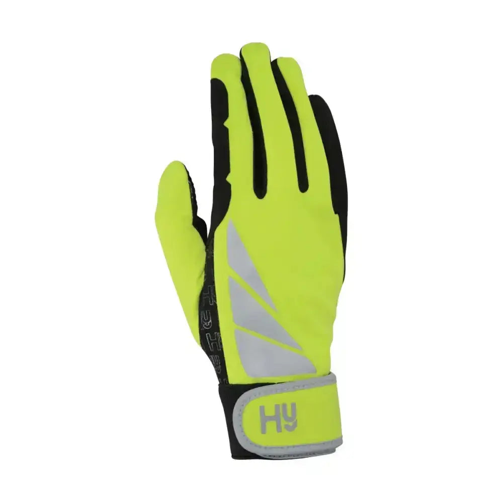 Back side of bright neon yellow and black hy equestrian reflector riding gloves with gray stripes and reflective detailing improves visibility