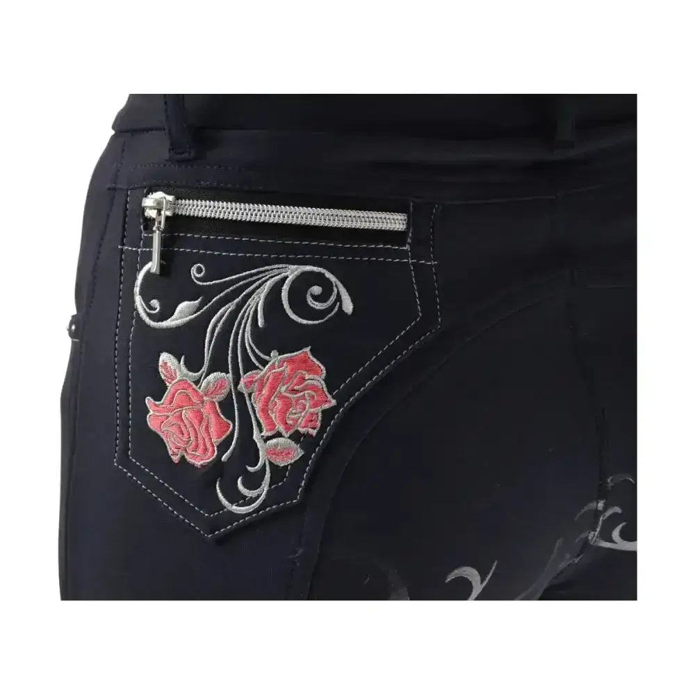 Black hy equestrian regatta ladies breeches featuring exquisite embroidered pink roses and silver swirls on back pocket