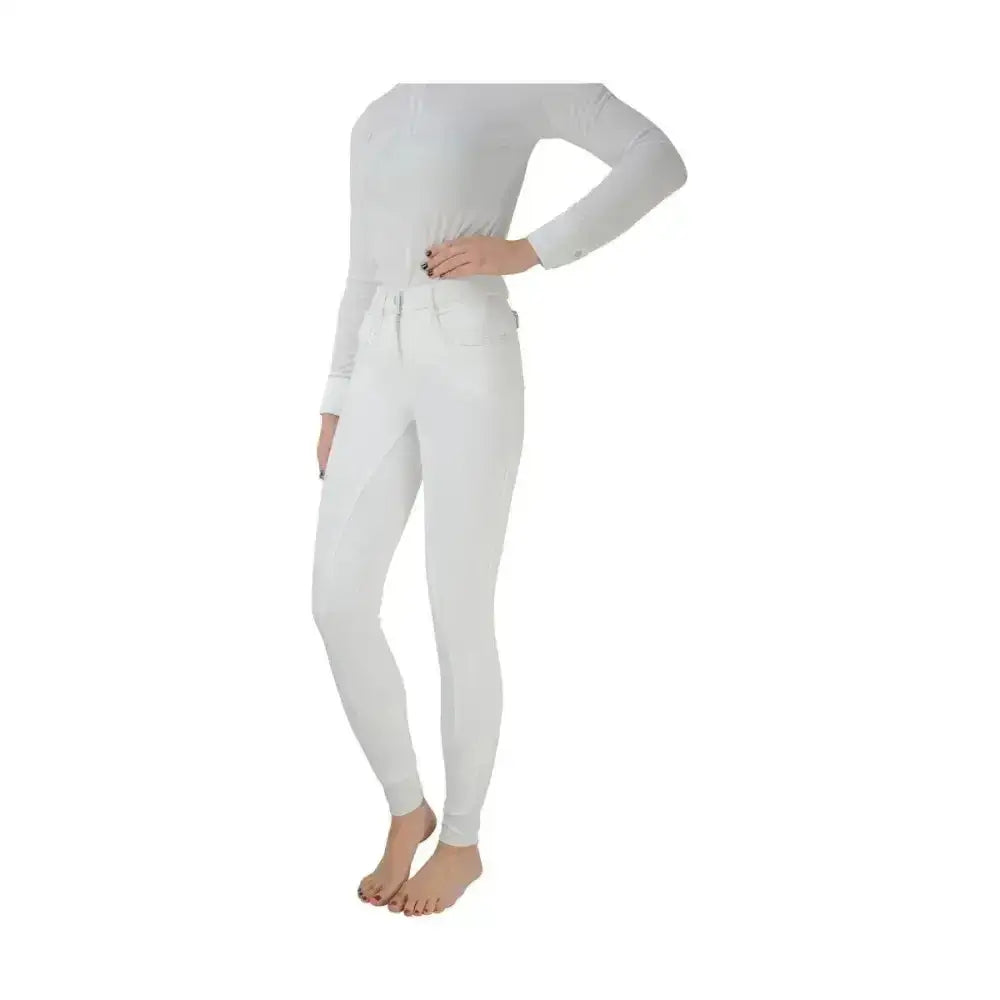 White fitted riding pants featuring exquisite embroidered detail in hy equestrian regatta ladies breeches style