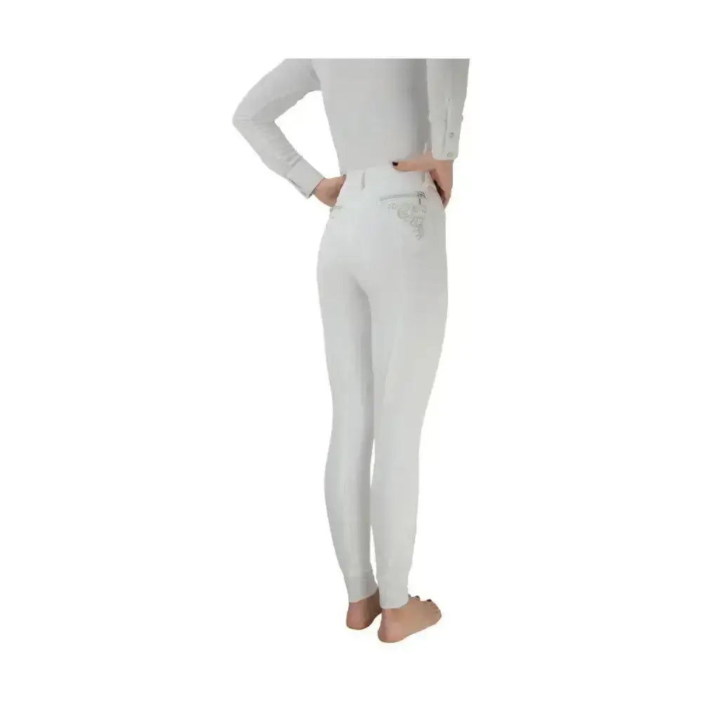 White equestrian regatta ladies breeches with sleek fit and subtle stitching featuring exquisite embroidered details