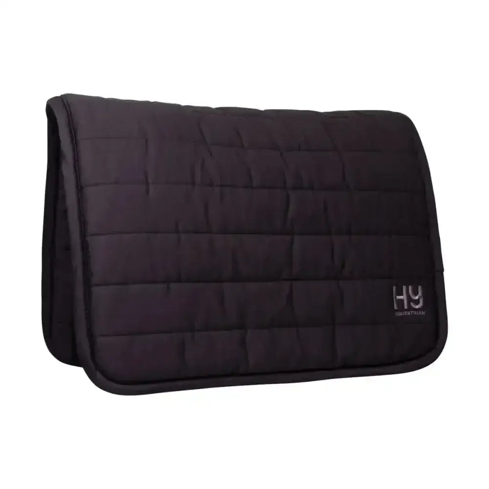 Black quilted hy equestrian reversible comfort pad with extra thickness and subtle silver hy logo on lower right corner