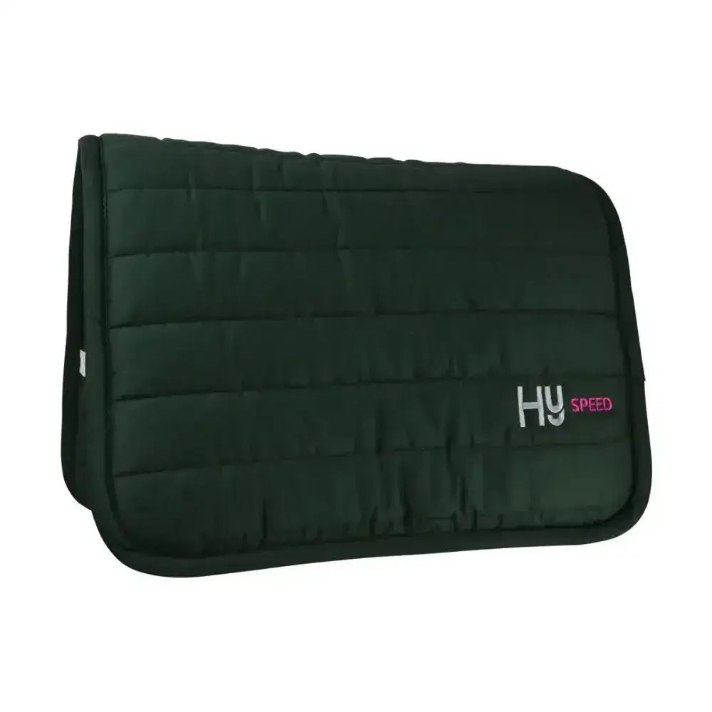 Dark green quilted hy equestrian reversible comfort pad with extra thickness and hy speed logo in white and pink