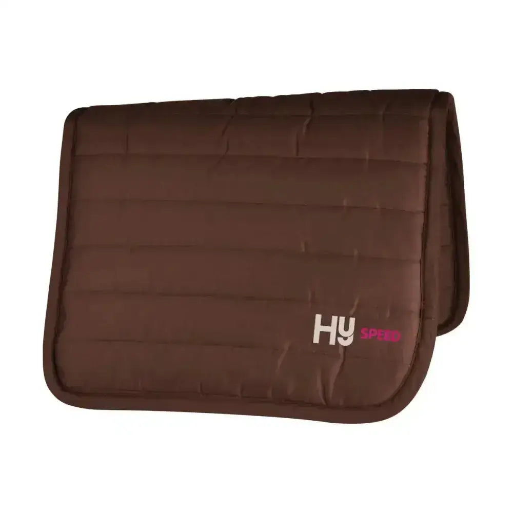 Brown quilted hy equestrian reversible comfort pad with extra thickness and hy spare logo in white and pink