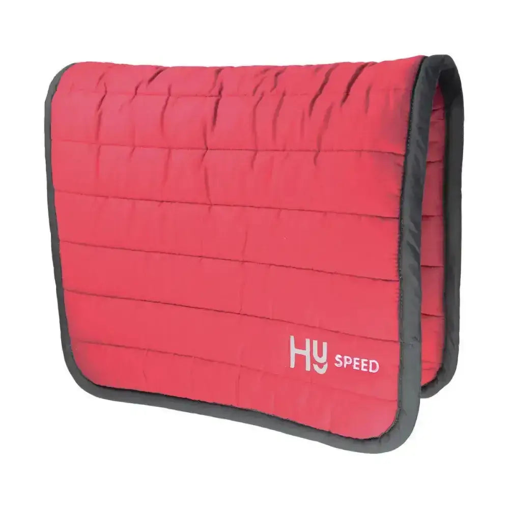 Red quilted horse saddle pad with black trim and hy speed branding is an equestrian reversible comfort pad with extra thickness