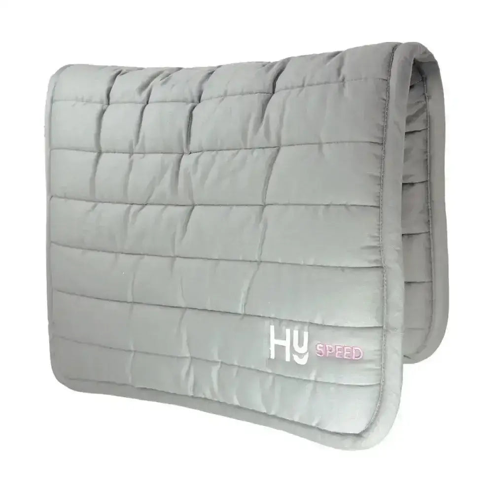 Gray quilted hy equestrian reversible comfort pad with white and pink hy speed logo and extra thickness for riding