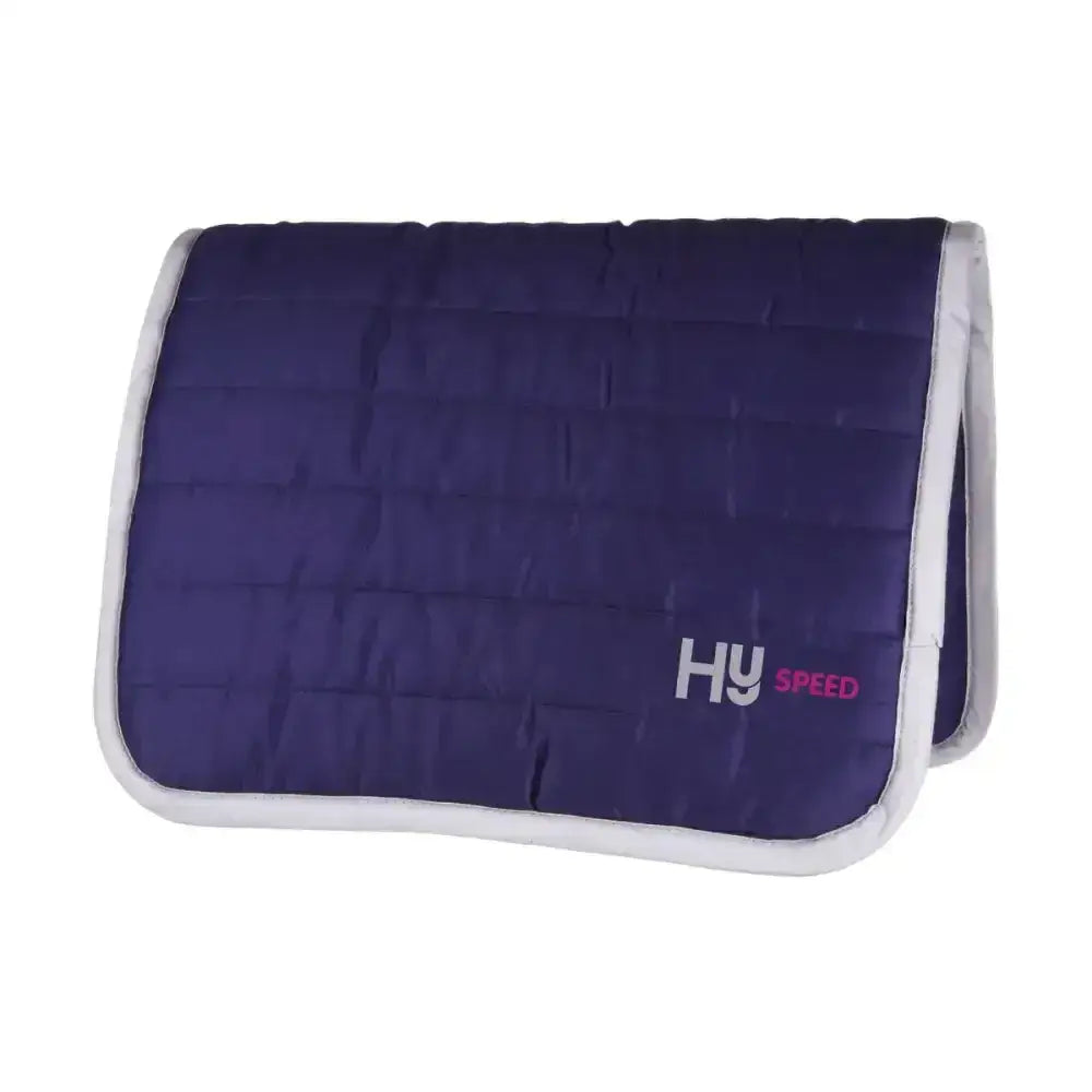 Navy blue quilted hy equestrian reversible comfort pad with white trim branding and extra thickness for riders