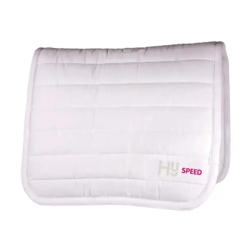 White quilted equestrian reversible comfort pad with hy speed logo in pink and gray extra thickness for riding