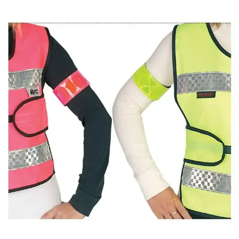 Bright pink and lime green hy equestrian rider elasticated arm bands with reflective silver checkered stripes for visibility