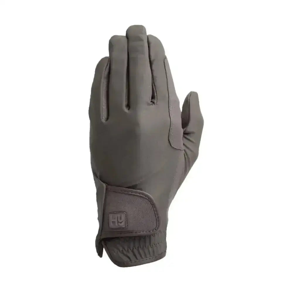 Gray hy equestrian riding gloves with reinforced fingers and velcro strap to keep hands warm and protected whilst riding