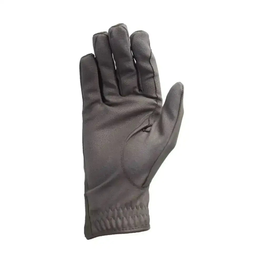Dark gray hy equestrian riding gloves with reinforced stitching and textured cuff to keep hands warm and protected whilst riding