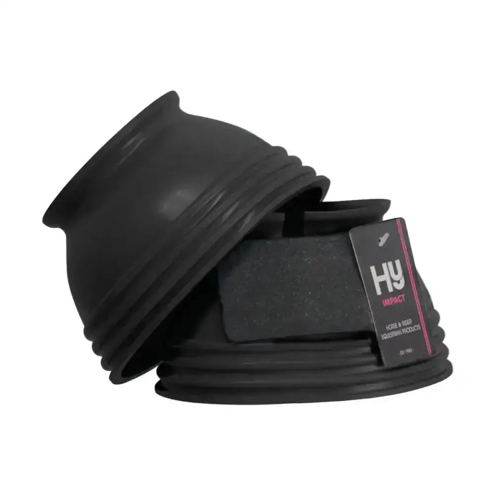 Black rubber hyimpact ringed reach boots with ribbed texture and branded tag for equestrian hoof protection
