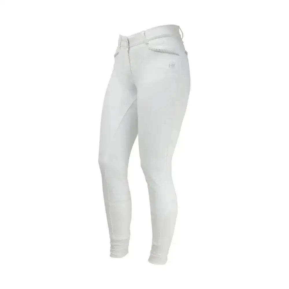 White roka crystal breeches with sleek fit and subtle stitching details perfect for equestrian roka crystal style