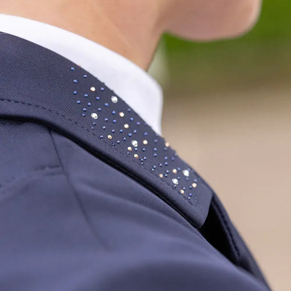 Dark navy equestrian roka regal blazer collar with scattered clear and gold rhinestones for show jacket look