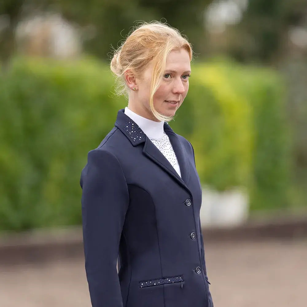 Navy blue hy equestrian roka regal show jacket with sparkling embellishments on collar and pocket trim