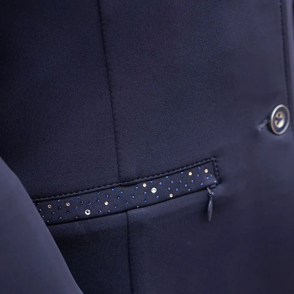 Navy blue hy equestrian roka regal show jacket with silver dark sequins and decorative zipper pull along the edge