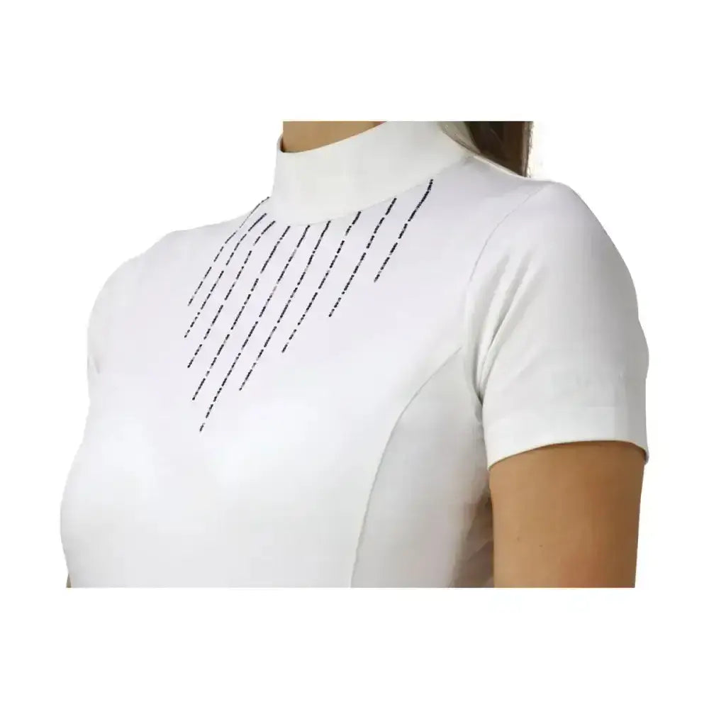 White short-sleeved roka rose show shirt with high neckline and black diagonal stitch perfect for active rider