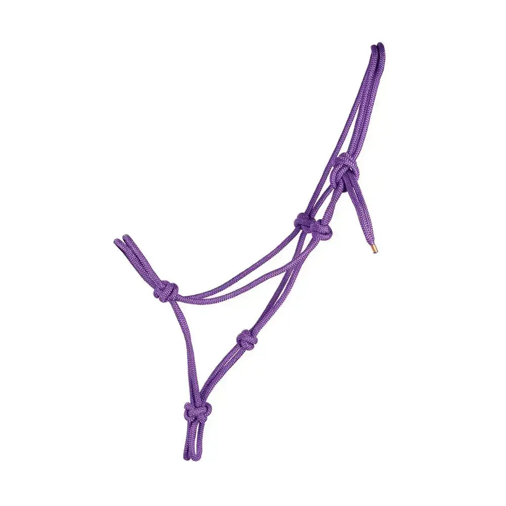 Purple hy equestrian rope halter made of braided rope with reinforced knots and metal hardware that tightens slightly