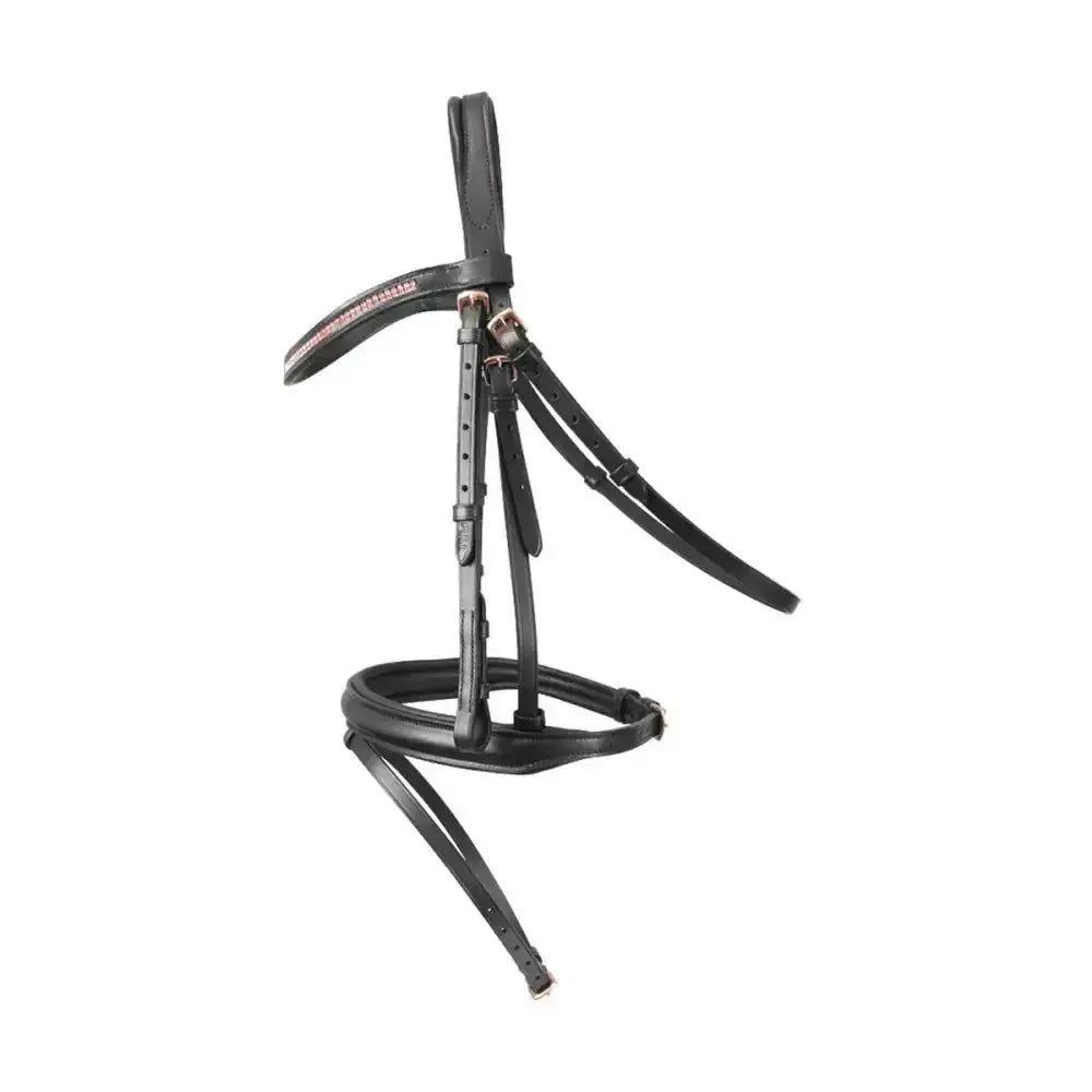 Black leather equestrian rosciano bridle with subtle pink stitching and rose gold details on browband