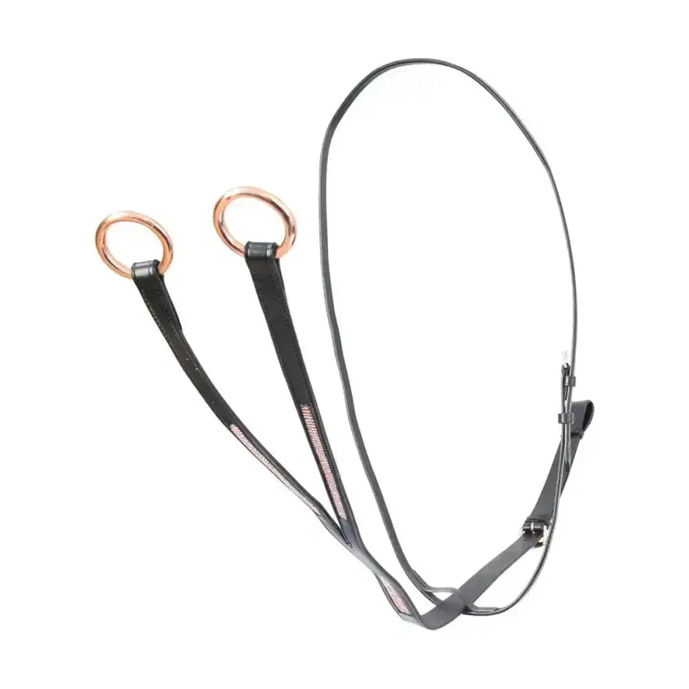 Black leather horse bridle with rose gold rings and pink stripes from hy equestrian rosciano rose gold martingale