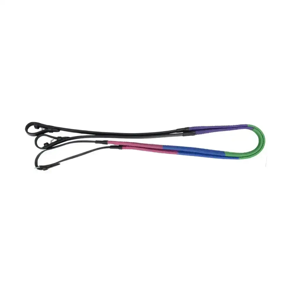 Hy equestrian rubber covered training reins featuring colourful rubber grip sections in black purple pink blue and green