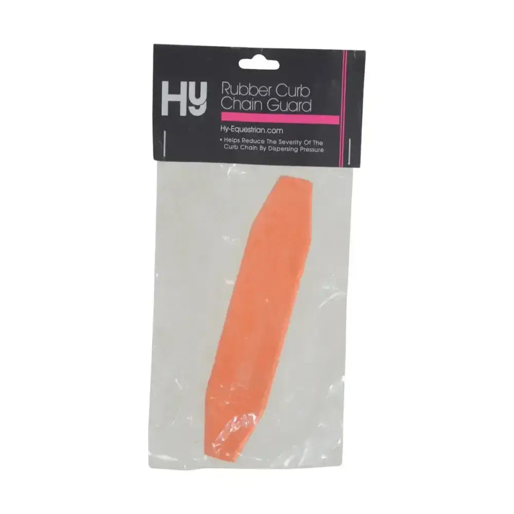 Orange rubber curb chain guard by hy equestrian in clear plastic packaging for equestrian rubber curb use