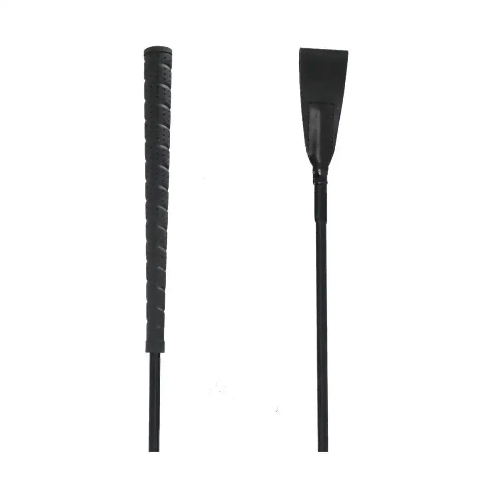 Black equestrian rubber handled riding whip with textured grip and flat padded head for precise control