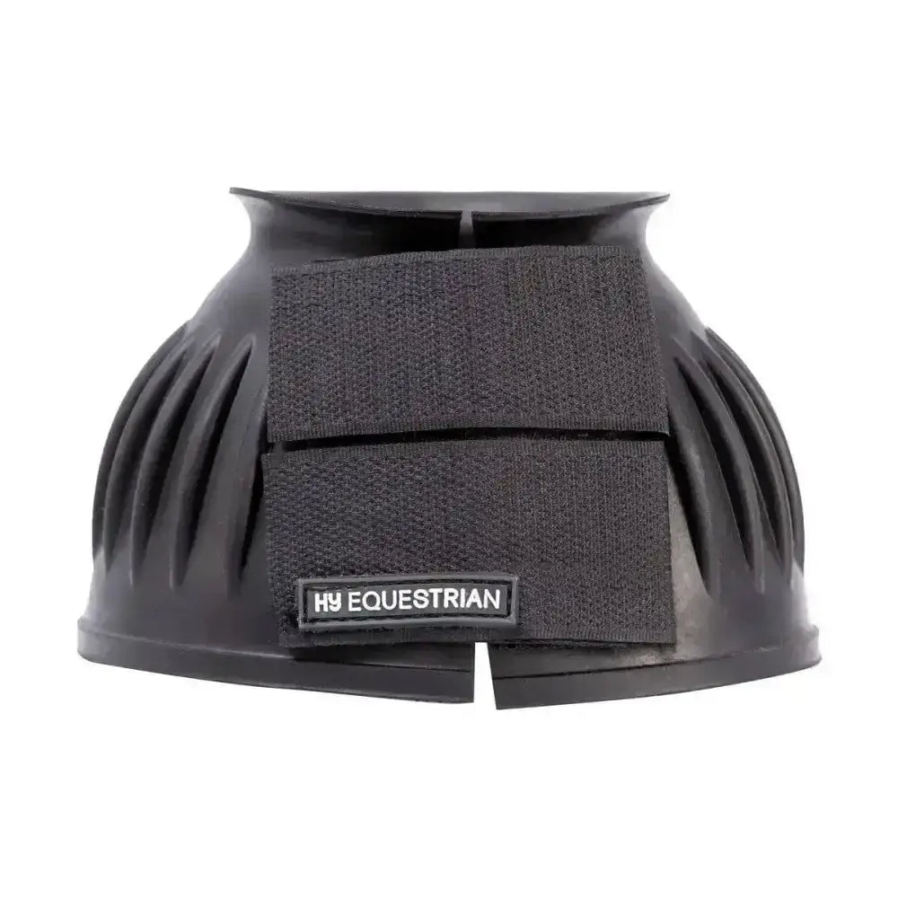 Black moulded rubber hy equestrian over reach boots with two velcro straps and equestrian rubber label