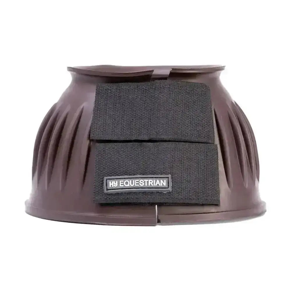 Brown moulded rubber horse hoof reach boot with black velcro straps and hy equestrian label for over reach protection