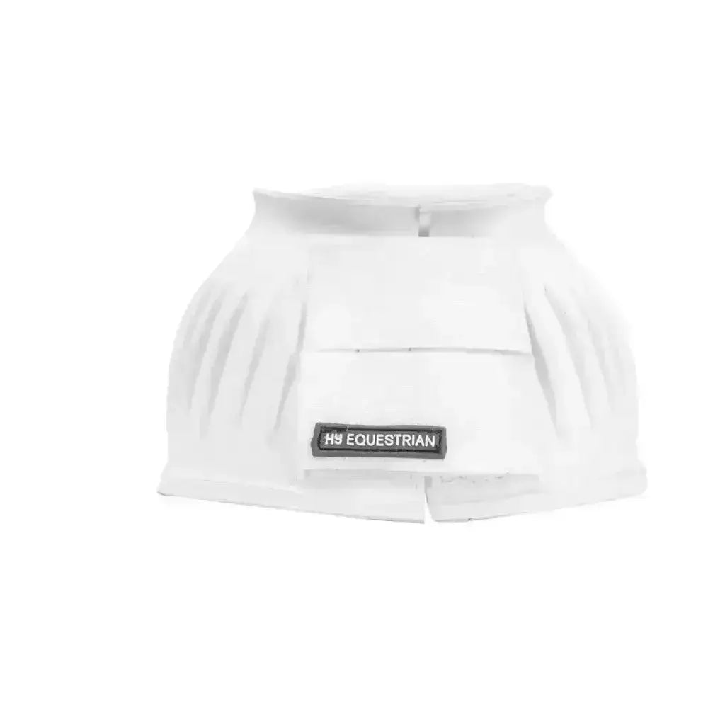 White hy equestrian rubber over reach boots with sleek ribbed moulded rubber design and black brand patch