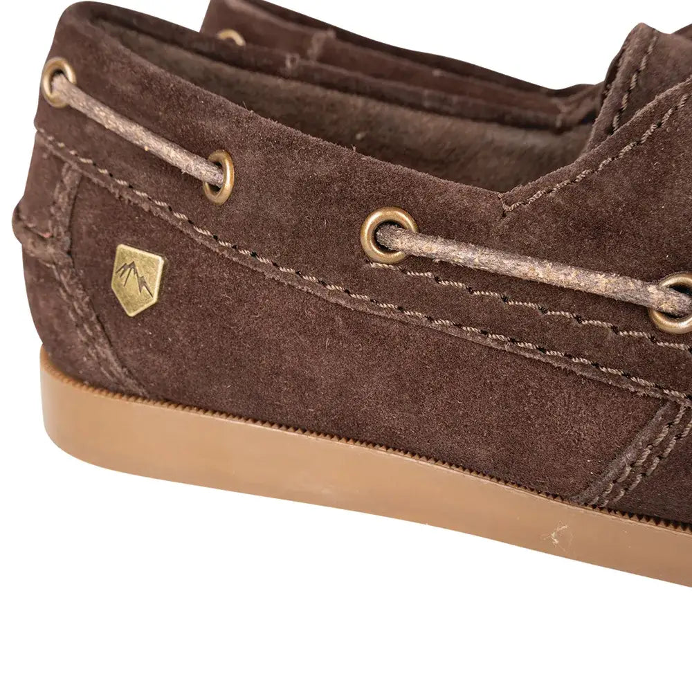 Brown suede equestrian savona deck shoes with tan rubber sole and brass eyelets perfect for boating days