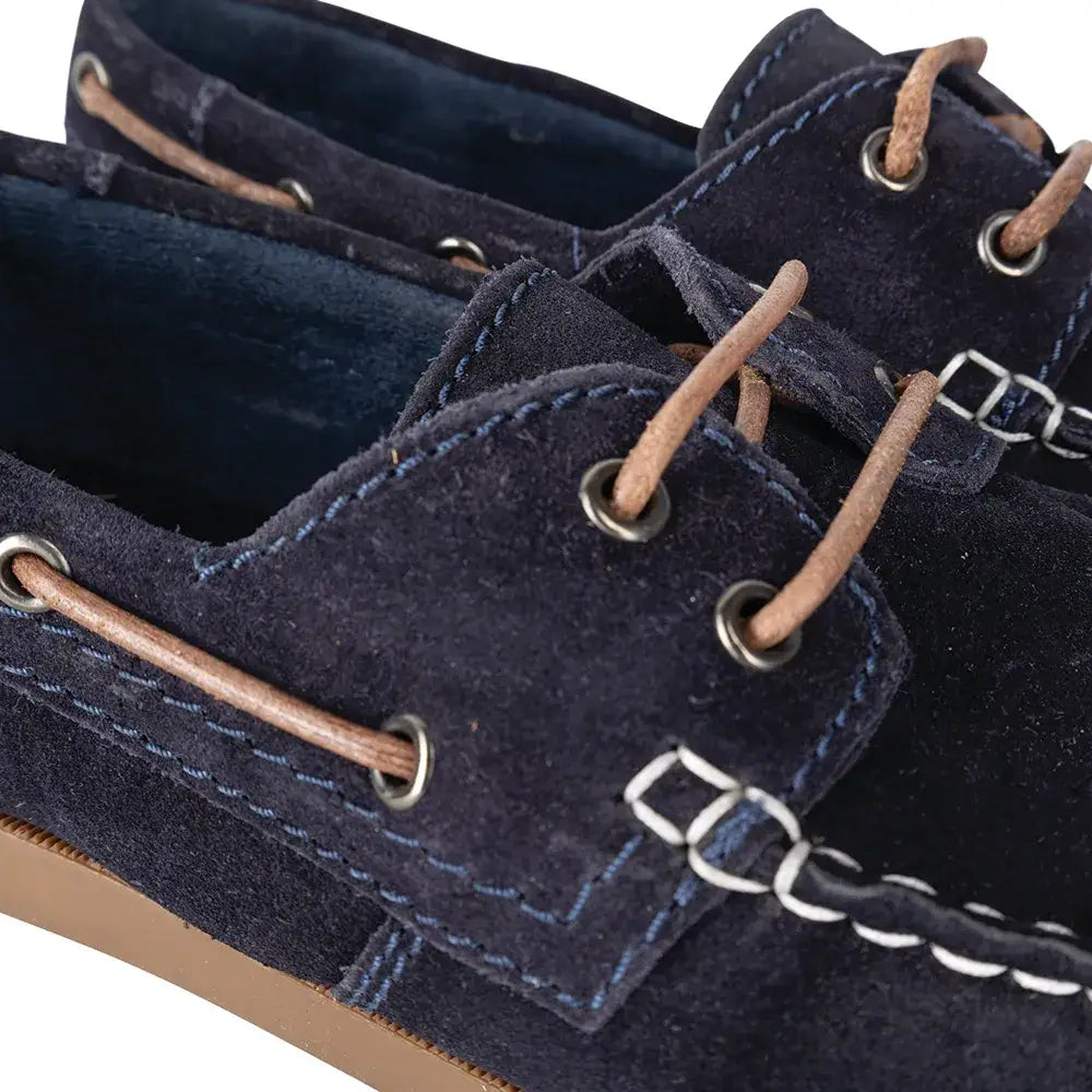 Navy blue suede equestrian savona deck shoes with tan laces and white stitching perfect for casual wear