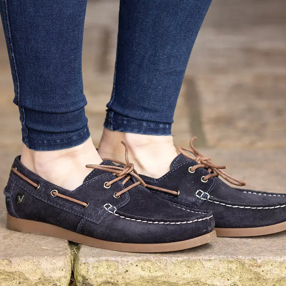 Navy blue suede savona deck shoes with brown laces and white stitching from hy equestrian savona collection