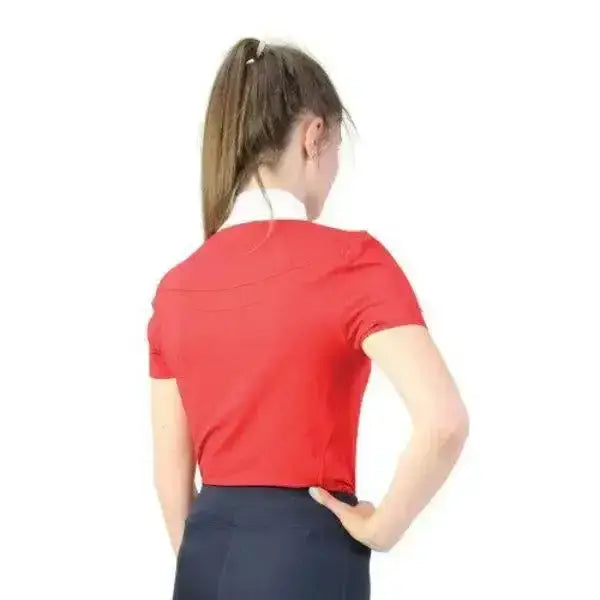 Red short-sleeved hy equestrian scarlet show shirt with white collar made from breathable material for optimum comfort