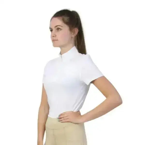 White hy equestrian scarlet show shirt with high collar zipper placket breathable material for optimum comfort