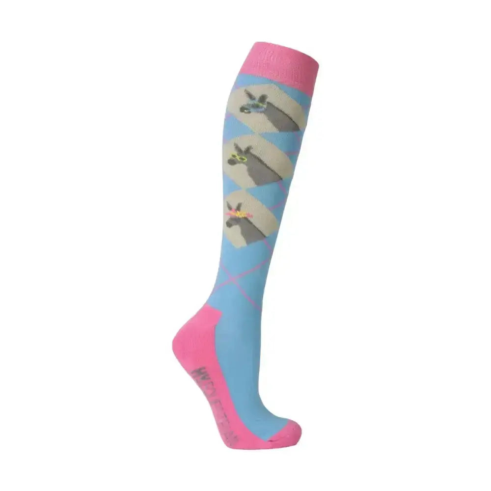 Light blue and pink knee-high sock featuring playful llamas from hy equestrian seaside donkey socks pack of 3