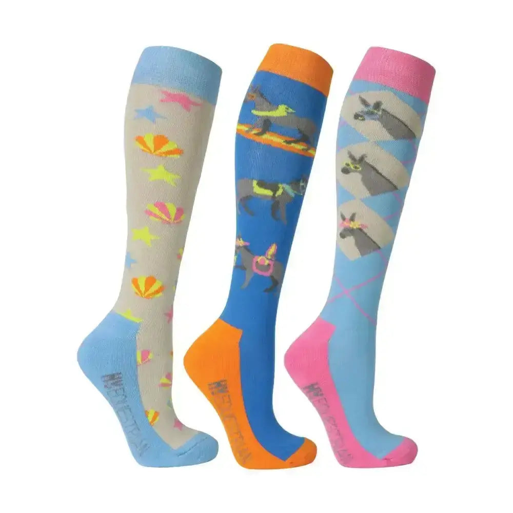 Three colorful equestrian seaside donkey socks with playful horse and star patterns in blue orange and pink accents