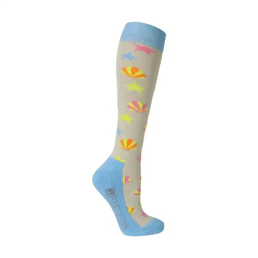 Beige knee-high seaside donkey socks with colorful seashell and star patterns and light blue cuffs and heel from hy equestrian