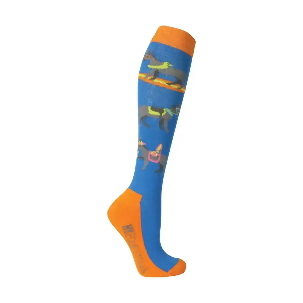 Bright blue hy equestrian seaside donkey socks with orange trim and gray dog pattern perfect for seaside donkeys socks fans