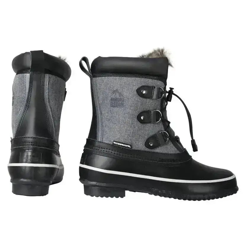 Black and gray short mont dolent winter boots with faux fur lining rubber soles and adjustable strap closures